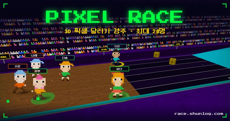 PIXEL RACE 3D 레이스 장면 — 픽셀 캐릭터들이 트랙을 달리고 있다